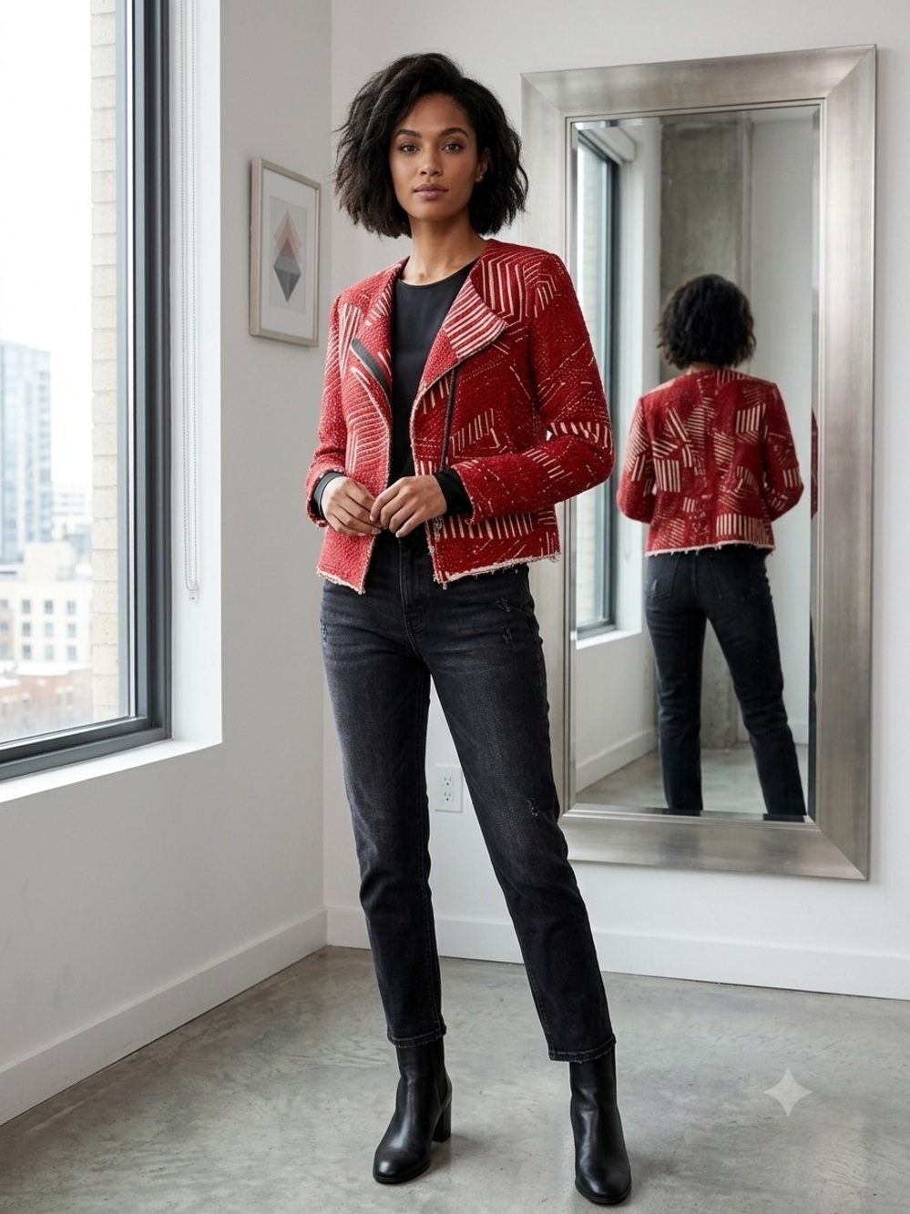 IRO "Mepsie" jacket tweed moto-style vibrant red blazer rough hem 38 US 6